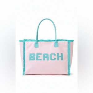 Beach Print Fringe Tote Bag|Pink